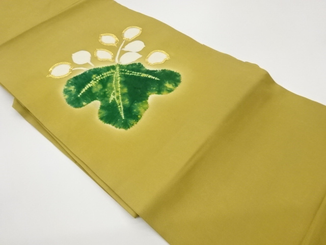 JAPANESE KIMONO / HIRAKI NAGOYA OBI / SILK / SHIOZE / EMBROIDERY / SHIBORI / ABSTRACT LEAVES